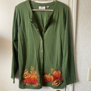 Quacker Factory Green Pumpkin Sunflower Embroidered Cardigan Large A341785